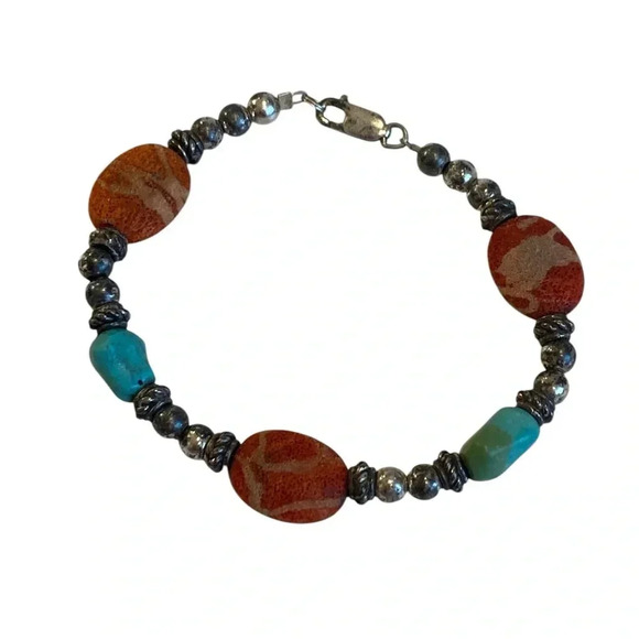 Vintage Womens Red Coral And Turquoise Beaded Bracelet Boho Native American - Picture 1 of 5